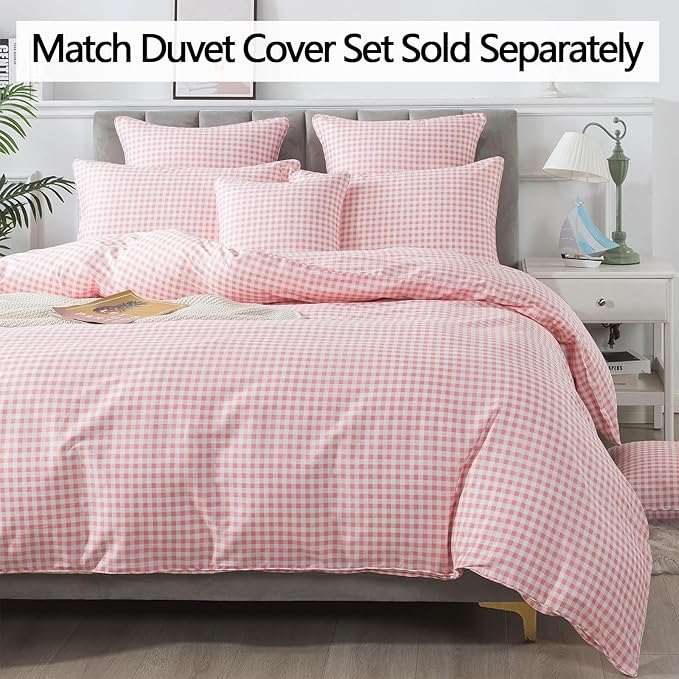 FADFAY Pink Plaid Queen Size Sheets 100% Cotton Geometric Checker Bedding Teens Grid White Gingham Pattern College Bedding Deep Pocket Sheets with 2 Pillowcases Ultra Soft 4pcs, Queen Size