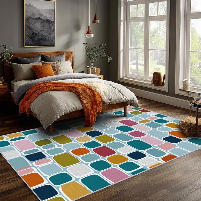Mid Century Modern Rugs 4x6, Geometric Retro Washable 4 x 6 Area Rug for Living Room, Bedroom, Low Pile Non Slip Stain Resistant Carpet, Mid Century Home Decor Accessories & M908