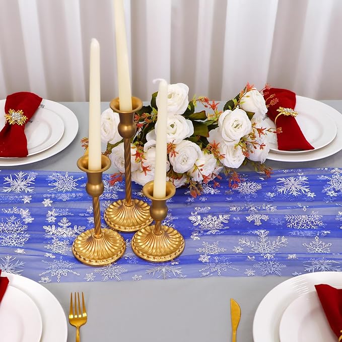 Snowkingdom Blue Silver Christmas Snowflake Table Runner 10ft, Royal Blue Tulle Gauze Sheer 120 Inch Winter Cheesecloth Table Runner for Seasonal Holiday Party, New Year, Wedding Dining Table Decor