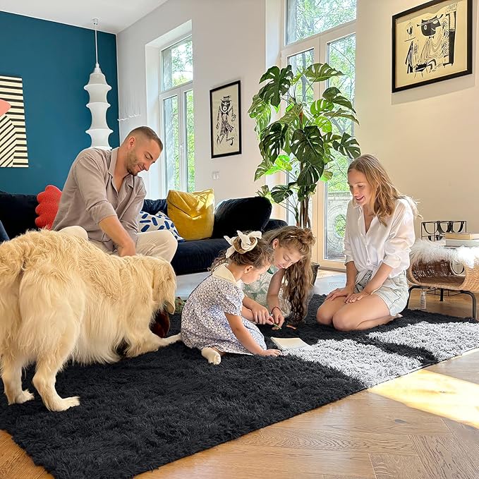 OLANLY 8x9 Machine Washable Large Area Rugs for Living Room, Bedroom, Soft Fluffy Shaggy Bedside Rug, Indoor Floor Carpet for Kids Girls and Boys, Dorms, Nursery, Home Decor Aesthetic, Black