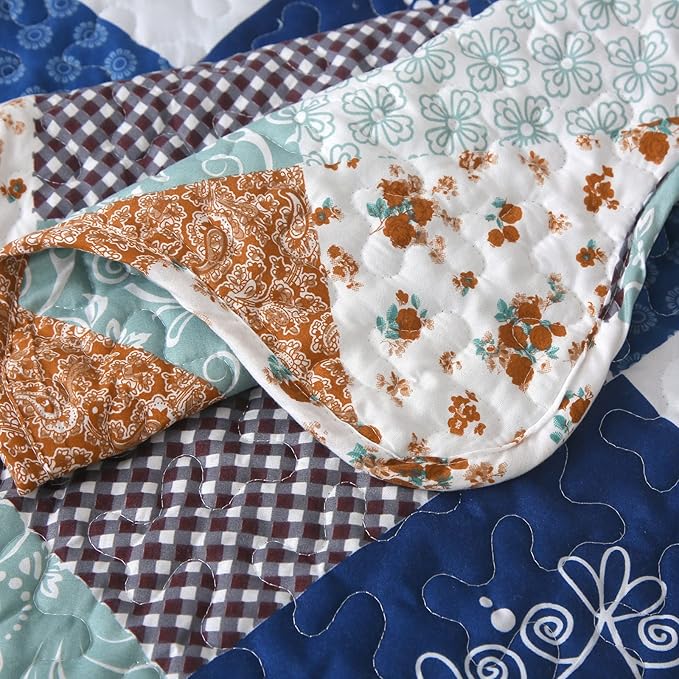 Dinjoy Reversible Patchwork Quilt Bedding Set Full Size Blue Green Grey Plaid Floral Pattern Bedspread Set Soft Microfiber Coverlets Bed Set 3 Pieces Spring Summer Fall Use (78x90 inches)