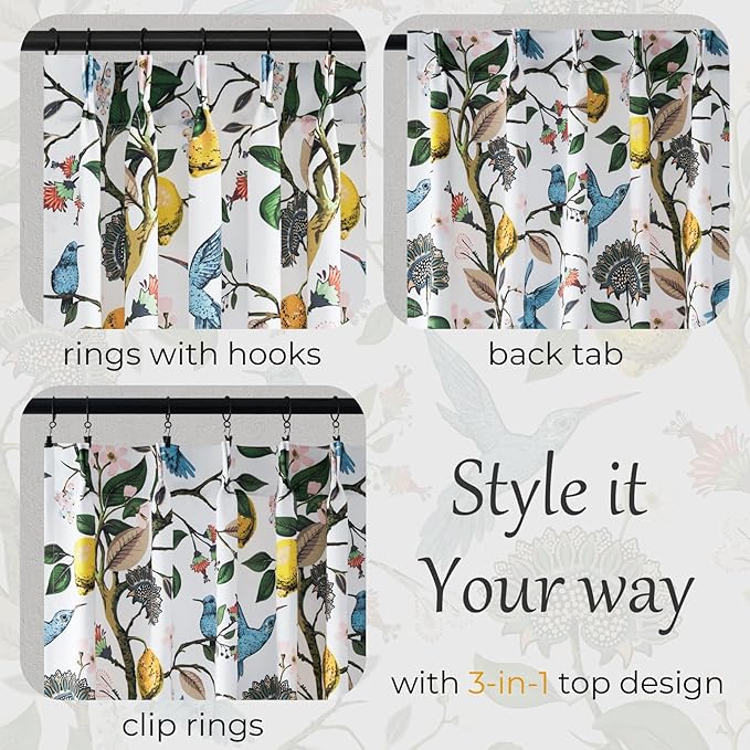 Pinch Pleated Curtains Floral Cottage Core Curtains for Living Room 90 Inches Long Blue and White Vintage Hummingbird Lemon Blackout Drapes for Bedroom with Hooks Set 2 Panels