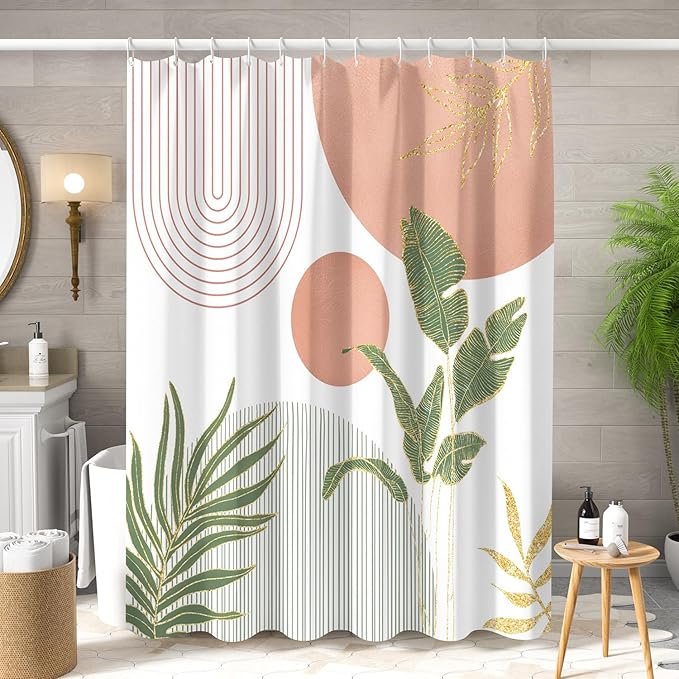 Mid Century Boho Shower Curtain, Abstract Modern Sun Minimalist Aesthetic Shower Curtain, Bohemian Geometric Arch Curve Leaves Neutral Art Fabric Bathroom Curtains Pink 72x84 inch