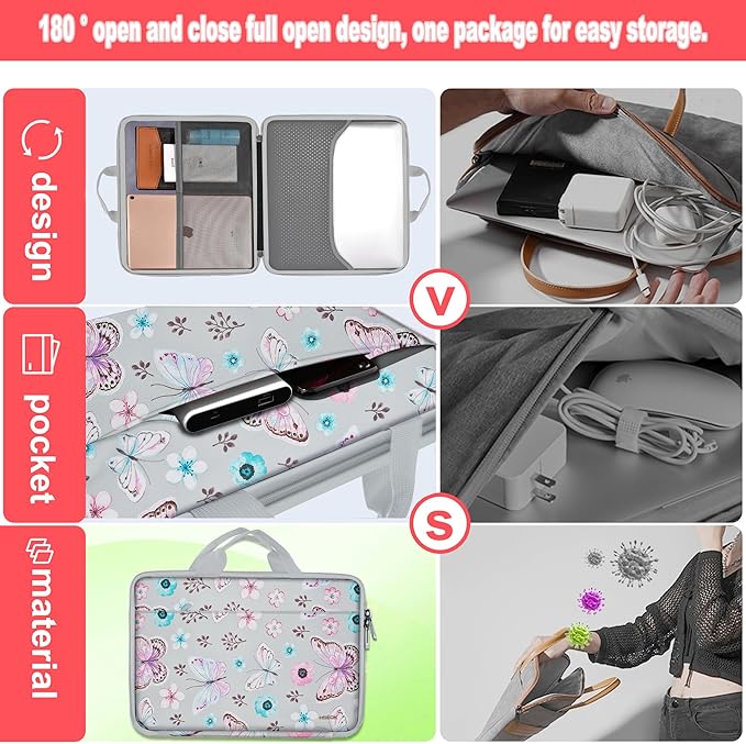 Hseok Laptop Case 13.3-14 inch Briefcase Handbag, Water-Resistant and Shockproof Computer Sleeve Compatible with MacBook Pro 14", Mac Air/Pro 13.3" and 13"-14" Notebooks Chromebooks,Butterfly