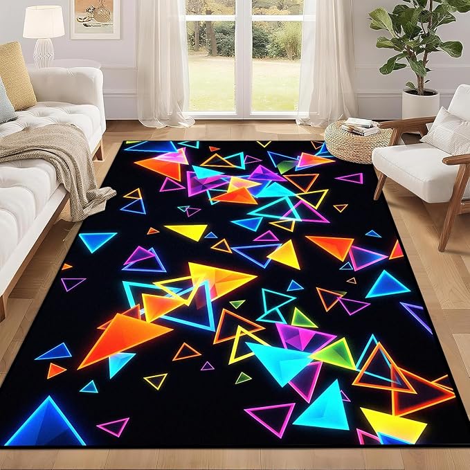 Triangle Area Rug 2'x3' Blacklight Glow in The Dark Geometric Rug Non-Slip Washable Colorful Neon Light Floor Mat for Entryway Bedroom Living Room Nursery Kitchen Playroom Home Decor