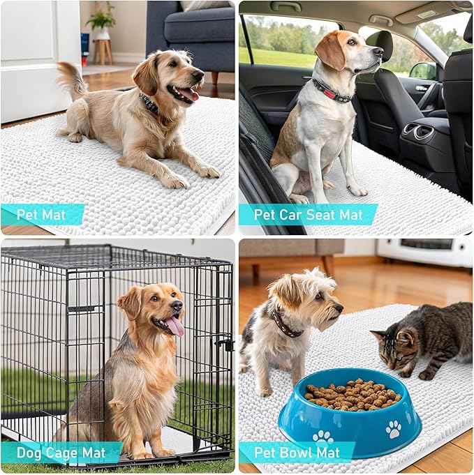 OLANLY Dog Door Mat for Muddy Paws 59x35, Absorbs Moisture and Dirt, Absorbent Non-Slip Washable Doormat, Quick Dry Chenille Mud Mat for Dogs, Entry Indoor Entryway Carpet for Inside Floor, White
