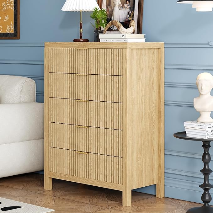 JZXSHD 43" 5 Tall Drawer Dresser Organizer TV Drawer Cabinet Modern Wood Storage Cabinet, Modern Wood Storage Cabinet for Bedroom, Hallway, Entryway, Natural Oak