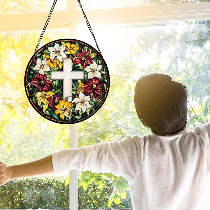 Stained Glass Window Hanging, Cross Flowers Sun Catchers Colorful Glass Panel Christianity Suncatcher Decor for Birthday for Women, Men, Wife, Aunt, and Mom 11.8x11.8 in