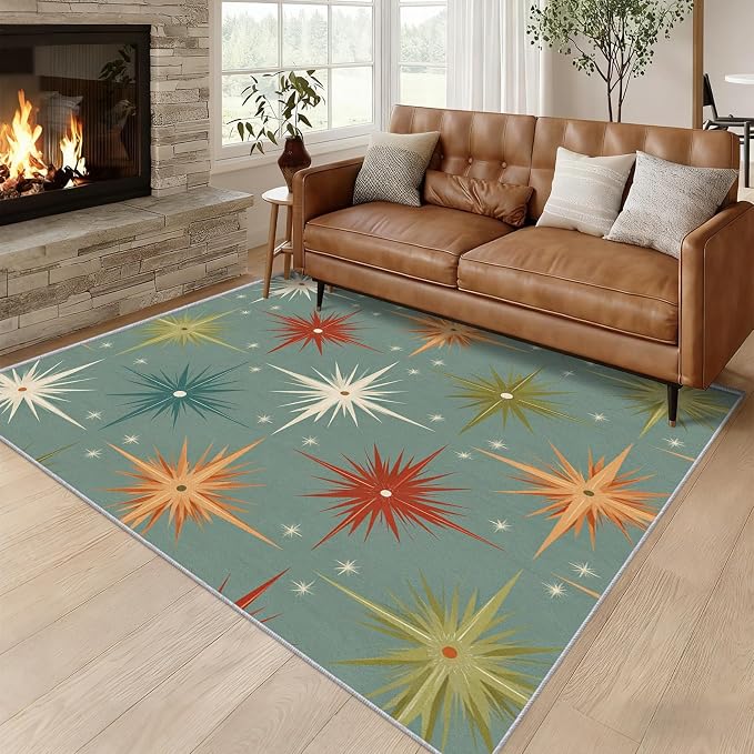 Mid Century Modern Rugs for Living Room Decor, 3x5 ft, Retro Atomic Geometric Area Rugs for Bedroom, Soft Non Slip Washable 1950s MCM Starburst Carpet Home Decorations D-g48