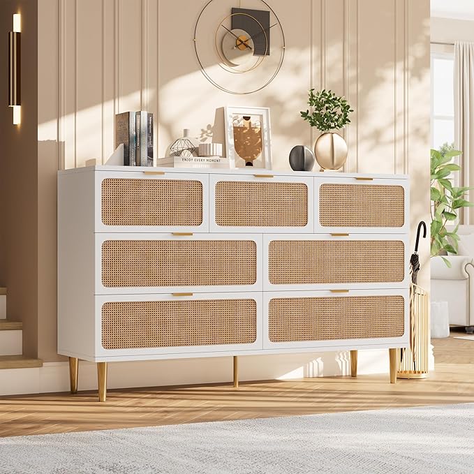 Garvee Rattan Dresser with 7 Drawers, Tall Modern Closet with Deep Storage, Large Chest of Drawers with Wide Top, Long Wooden Dresser for Bedroom, Living Room, Hallway, Kids Room, White