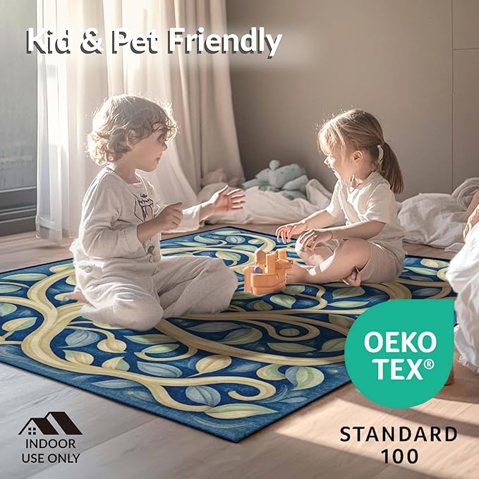 Flatwoven High Traffic Area Rug 5x7, Retro Floral Kitschy Bloom Design, Non Slip, Stain Resistant, Washable Area Rugs for Living Room, Bedroom (Yellow, 5x7)