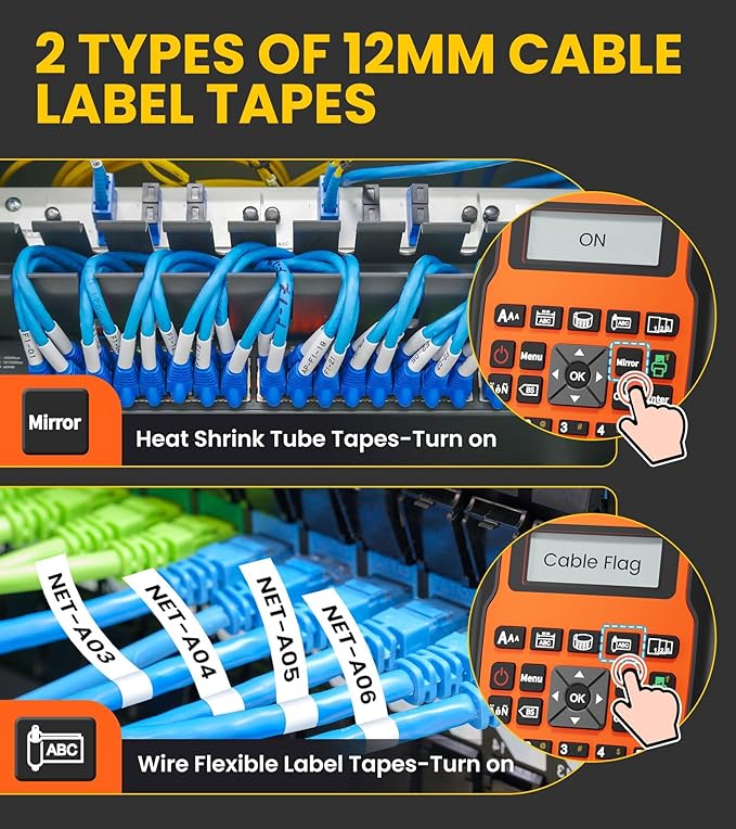 E1000 Heat Shrink Label Maker, Wire Label Maker Waterproof-Labels, Labeler Machine with 2PK 12mm 0.47 Heat Shrink Tube Tapes & 2PK Flexible ID Cable Tapes for Industrial Electrical Use