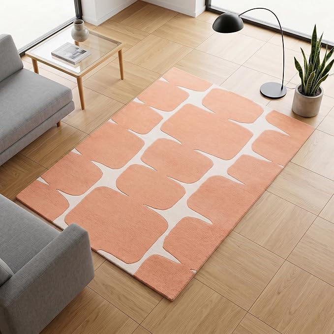 Restoration and Renovation Modern Wool Area Rug - Contemporary Abstract Geometric Design, Thick & Soft Hand-Tufted Carpet - Ideal for Indoor Decor in Living Room, Bedroom (Peach, 6' Round)