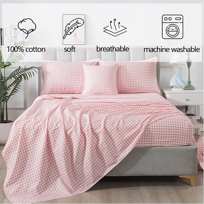 FADFAY Pink Plaid Full Size Sheets 100% Cotton Geometric Checker Bedding Teens Grid White Gingham Pattern College Bedding Deep Pocket Sheets with 2 Pillowcases Ultra Soft 4pcs, Full Size