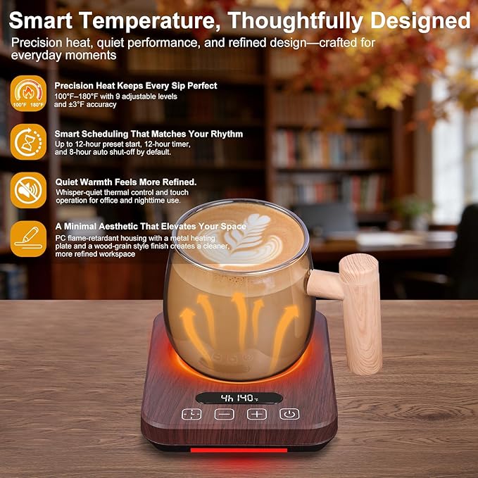 Coffee Mug Warmer with Temperature Control, 36W Electric Mug Heater, 120–180°F Adjustable Desk Cup Warmer with Timer & Auto Shut-Off, Ambient Light, Walnut Wood-Grain Finish, Gift for Home & Office