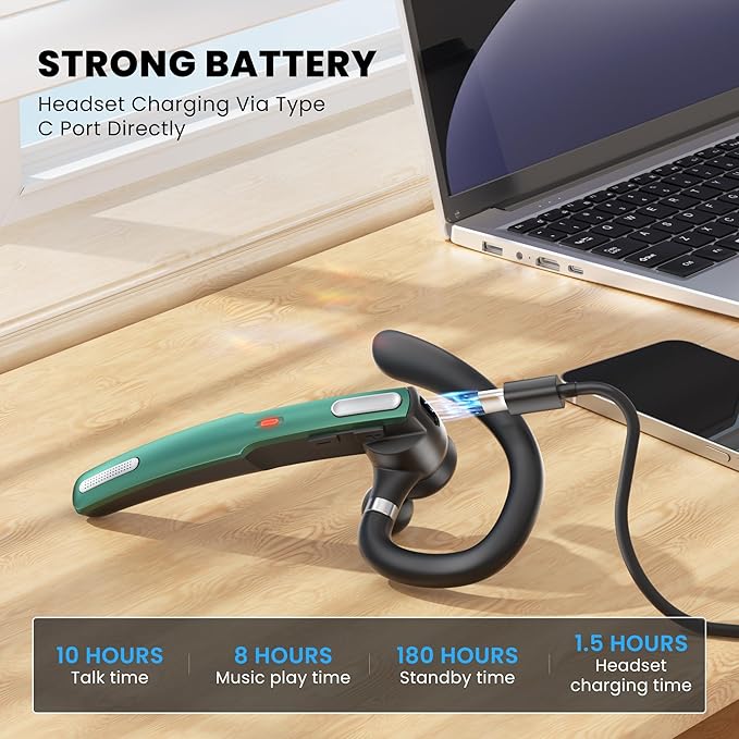 ICOMTOFIT Bluetooth Headset, Wireless Bluetooth Earpiece V5.0 Hands-Free Earphones with Built-in Mic for Driving/Business/Office, Compatible with iPhone and Android (Green)