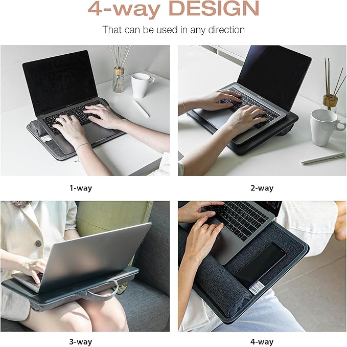 ergomi Lap Desk with Soft Cushion and Wrist Rest – Portable Laptop Desk for Bed, Couch & Home Office, PU Surface Tray with Handle for 15.6 inch Laptop (Medium, Black)