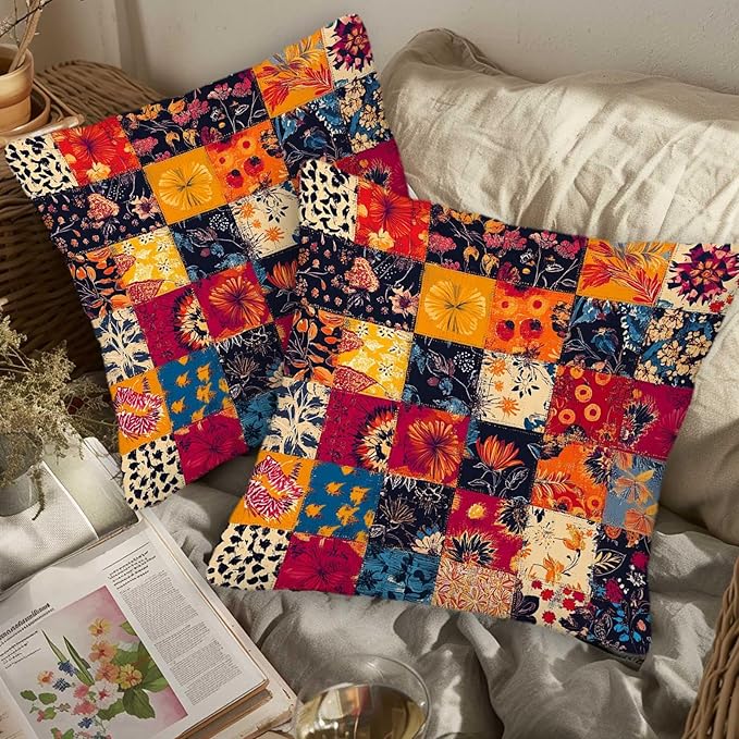 Printed Patchwork Inspired Throw Pillow Covers 18x18 Set of 2 | Floral Quilt Look Cushion Cases | Home Decorative Pillowcases for Couch, Sofa, Bed and Living Room