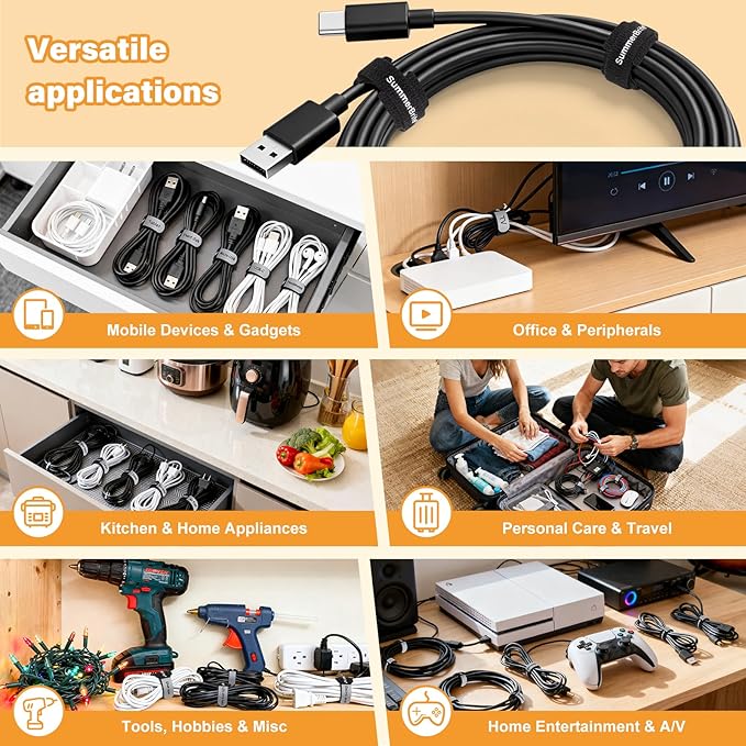 70 Pack Black Cable Ties 8 Inch with Writable Labels, Reusable Cord Organizer Straps, Hook & Loop Wire Management for Extension Cords, Garage Tools, Power Strips & Heavy Duty