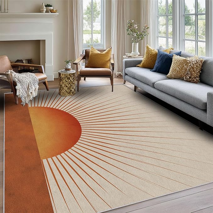 Retro Sunburst Area Rug, Mid Century Sun Pattern Carpet, Washable Non Slip Low Pile Soft Thin, Living Room Bedroom Home Decor Mat 2x3ft(Small)