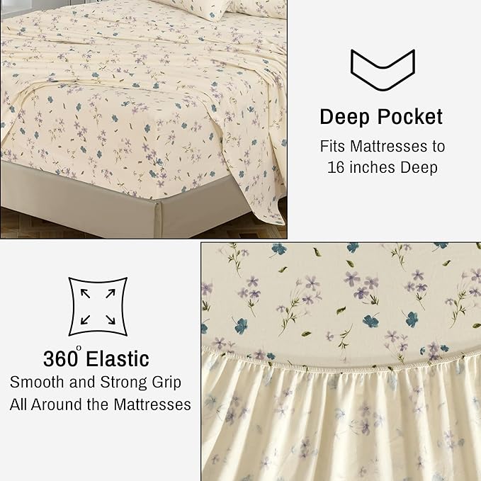 RUVANTI Flannel Sheets Full Size - 100% Cotton Double Brushed Bed Sheets Set, Deep Pockets 16 Inches, All Seasons Breathable & Extra Soft Full Sheets, Warm & Cozy, 4 Piece, Jasmine Stamp Cream