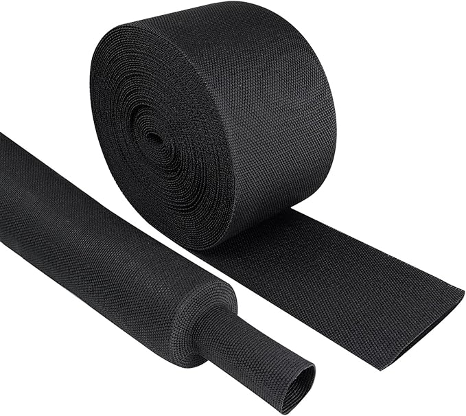 Black 2:1 Ratio Automotive Heat Shrink Braided Sleeving,Wear-Resistant Flat Woven Shrinkable Sleeve Fabric Car Cable Wires Hoses Protection (2''-26ft)