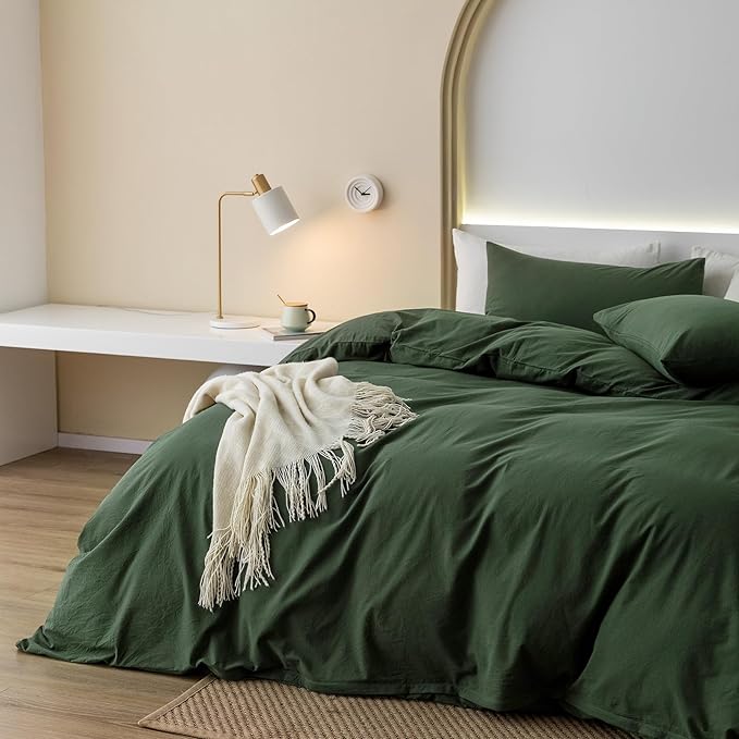 JIYUAN 100% Washed Cotton Duvet Cover Set 3 Pieces Oversized King, 1 Duvet Cover 120x98 Inches(Comforter Not Included) and 2 Pillowcases,Linen Feel Bedding Set Comfy and Breathable,Forest Green