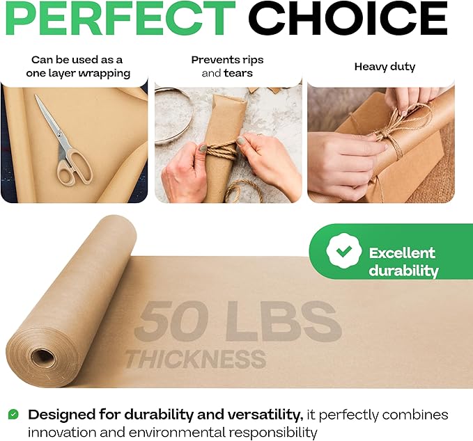 Brown Paper Roll 24" x 1800" (150 feet), Pack of 4 - USA-Made Brown Packing Paper 50lb Thickness for Moving, Shipping, Crafts/Arts - 100% Recycled Natural Wrapping Material by IDL Packaging