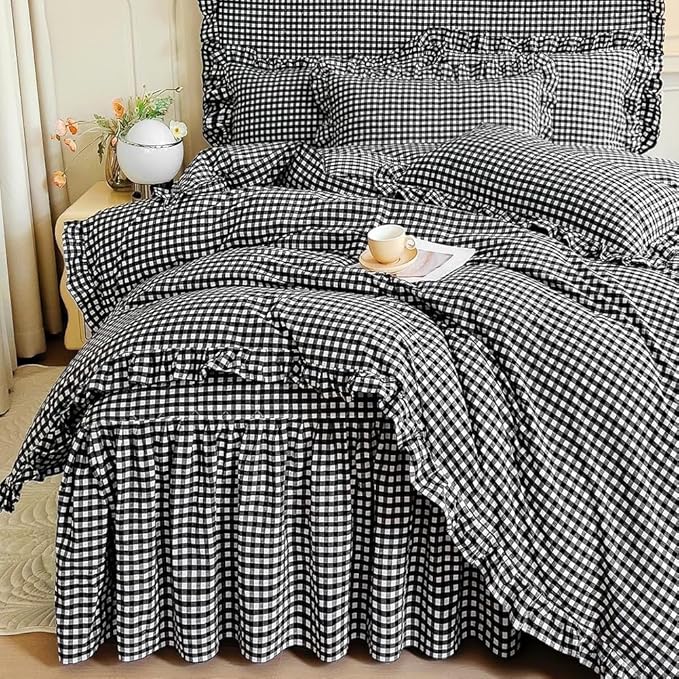 LifeTB Queen Comforter Set Black Gingham Comforter Vintage Ruffle Checkered Pattern Comforter Set Boho Grid Plaid Bedding Comforter Fluffy Soft Chic Gingham Bedding Set Queen Size for All Season