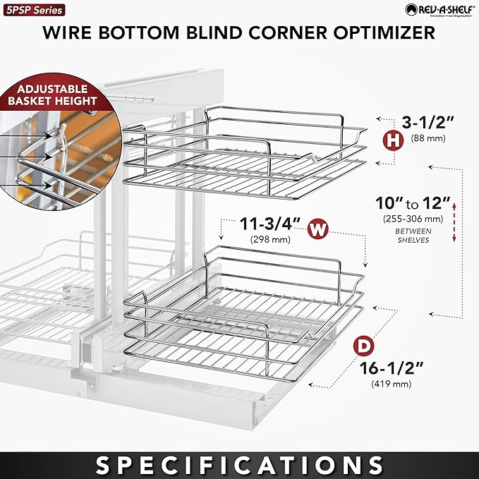 Rev-A-Shelf Dual Tier Pullout Shelf Organizer for Blind Corner Kitchen or Bathroom Cabinets with Soft Close,15", 4 Shelves, Chrome, 5PSP-15SC-CR