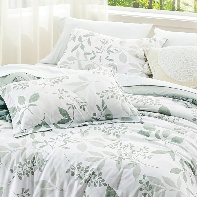 Bedsure Comforter Set Queen Size - Cute Floral Bedding Comforter Set, 3 Pieces, 1 Soft Reversible Sage Green Botanical Flowers Comforter and 2 Pillow Shams