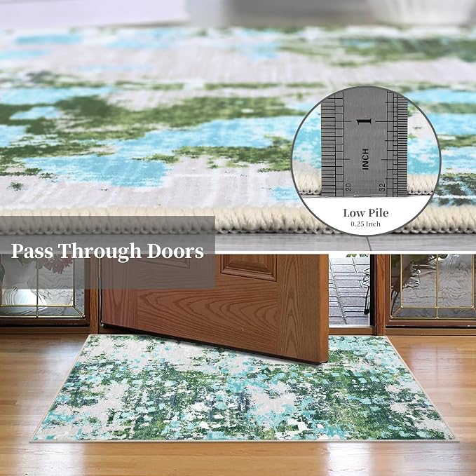 GAOMON 5x7 Rug Boho Chic Abstract Small Rug Machine Washable Colorful Indoor Accent Carpet Non Shedding Living Room Rug Non Slip Low Pile Modern Carpet Mat for Office Kitchen, Green/Turquoise