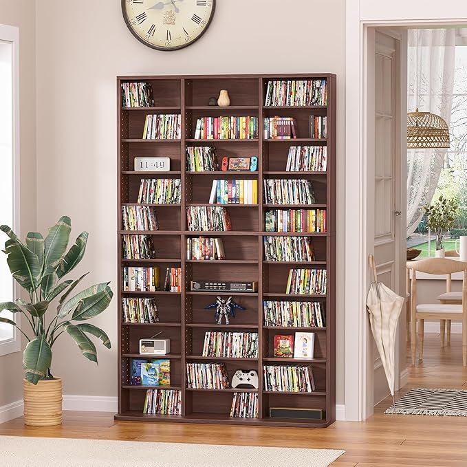 LELELINKY 11 Tier Tall Display Cabinet, Walnut Media Storage Cabinet with Adjustable Shelves, Free Standing DVD Organizer Shelf, Floor multimedia storage manga bookshelf for Living Room & Home Office.