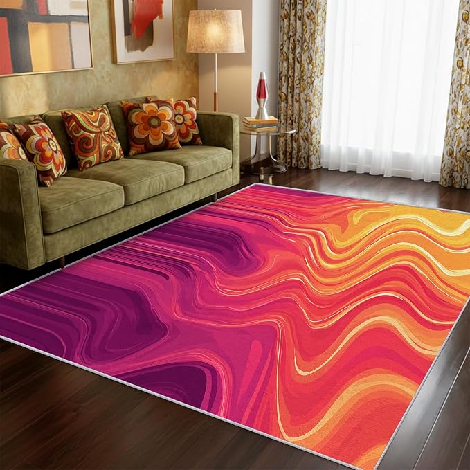 70s Rug Square 8x8 Vibrant Sensory Abstract Retro Pop Pattern Area Rugs for Living Room, Bedroom, 70s Home Decor Accessories Indoor Carpet, Non Slip & Machine Washable, GD0412