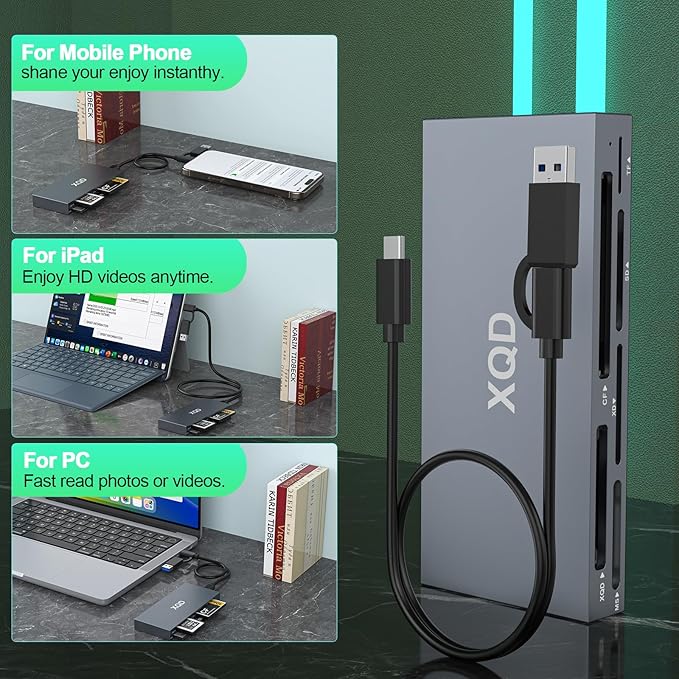 USB 3.0 Multi 8 in 1 USB C/USB A XQD Card Reader for Sony G M Series/Lexar 2933x/1400x Mark XQD/CF/XD/MS/SD/TF,10Gbps Type C Memory Card Adapter for Windows/Mac OS/Linux/Android