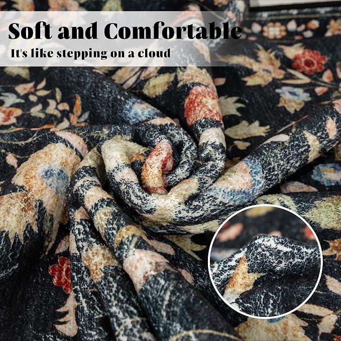 MUJOO Black Rug 6x9,Washable Floral Rugs for Living Room Bedroom Dining Room,Boho Indoor Floor Rug Large Non Slip Throw Carpet Low Pile Vintage