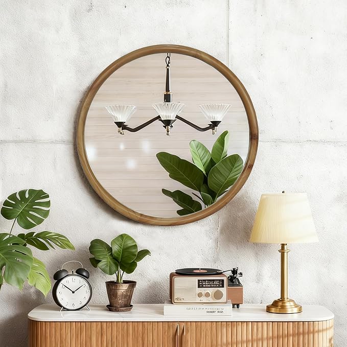 Round Wood Framed Wall Mirror,Natural Wooden Circular Wall Mirror for Bathroom Bedroom Entryway Living Room,Mid-Century Modern Rustic Boho Scandinavian Decorative for Home Decor (31.50")