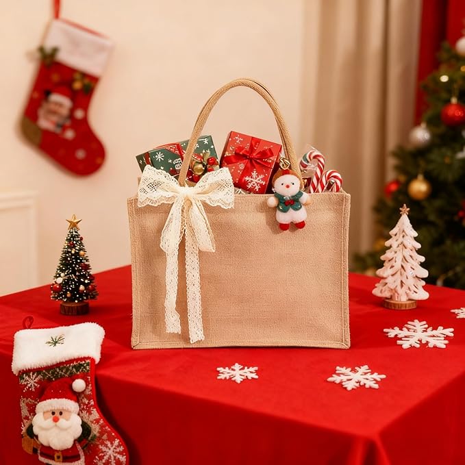 10pcs Burlap Tote Bag Set with Handles, Waterproof Reusable Blank Water Resistant Grocery Bags with Ribbon Large Jute Tote 15.4*6*12 In for Women Bridesmaid Gift Christmas Shopping Wedding Travel DIY