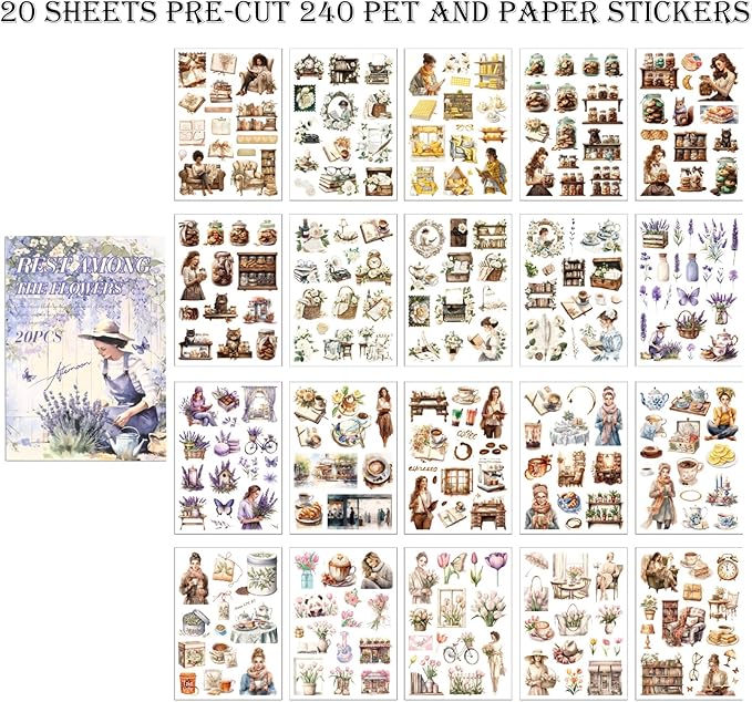 Auguro Scrapbook Reading Stickers 20 Sheets 240 Pre-Cut Washi Stickers for Journaling PET Transparent Book Sticker Decorative or DIY Paper Crafts, Arts and Crafting Projects
