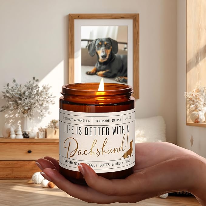 Dachshund Gifts for Women - 'Life is Better with a Dachshund' Candle, w/Vanilla, Coconut & Citrus - Infused w/Essential Oils I Weiner Dog Gifts for Women I Dachshund Decor I 50Hr Burn, USA Made