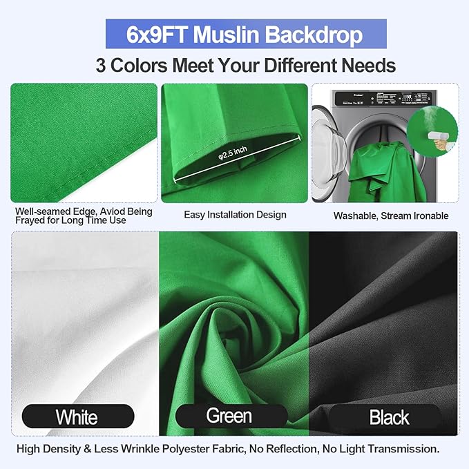 EMART 8.5x10ft Green Screen Backdrop Kit with 6x9ft Polyester Backdrop(Black/White/Green), Adjustable Photography Background Support System for Studio Photography, Parties, Wedding, Video Shooting