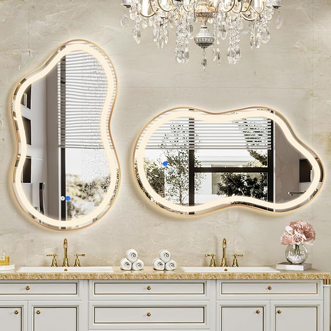 Irregular LED Bathroom Mirror with Lights, Cloud Smart Backlit Mirror, Dimmable Lighted Bathroom Gold Mirror with Anti-Fog, Asymmetrical Vanity Mirror Hangable 2 Ways (Gold, 26 x 46, 2 Pack)