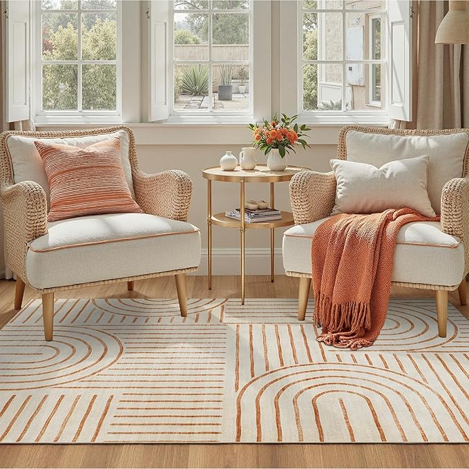 DCX Beige Machine Washable 6x9 Area Rug, Midcentury Modern Non Slip Stain Resistant Rug 6x9 for Living Room, Playroom, Dining Room, Soft 0.25" Low Pile Large Carpet