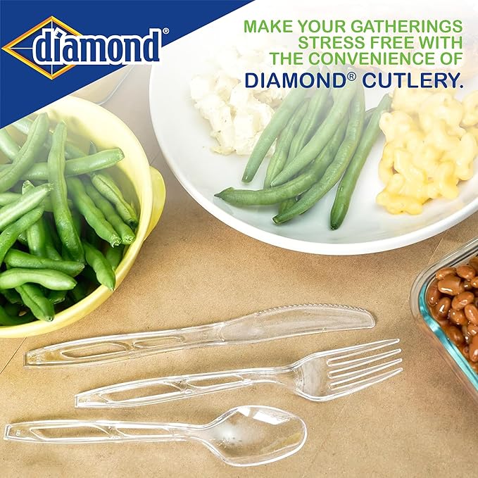 Diamond® Premium Clear Plastic Cutlery Set – 288 Count (144 Forks, 96 Spoons, 48 Knives), Disposable Full-Size Utensils, Party & Everyday Use