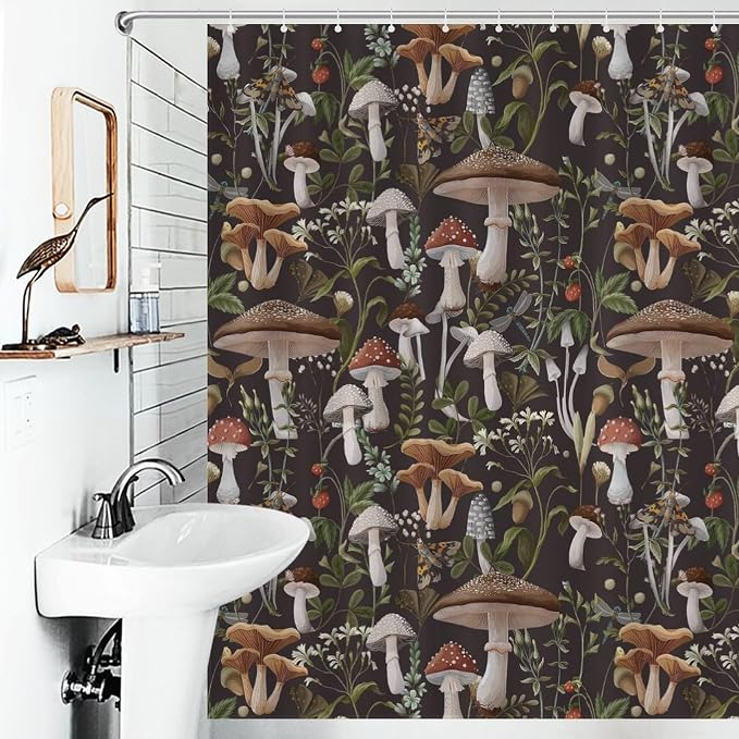 Mushroom Shower Curtain, RFarmhouse Country Wild Floral Botanical Mushroom Cottagecore Nature Plants Leaves Herbs Black Waterproof Fabric Bathroom Shower Curtain Set with Hooks, 72"x78" Inch