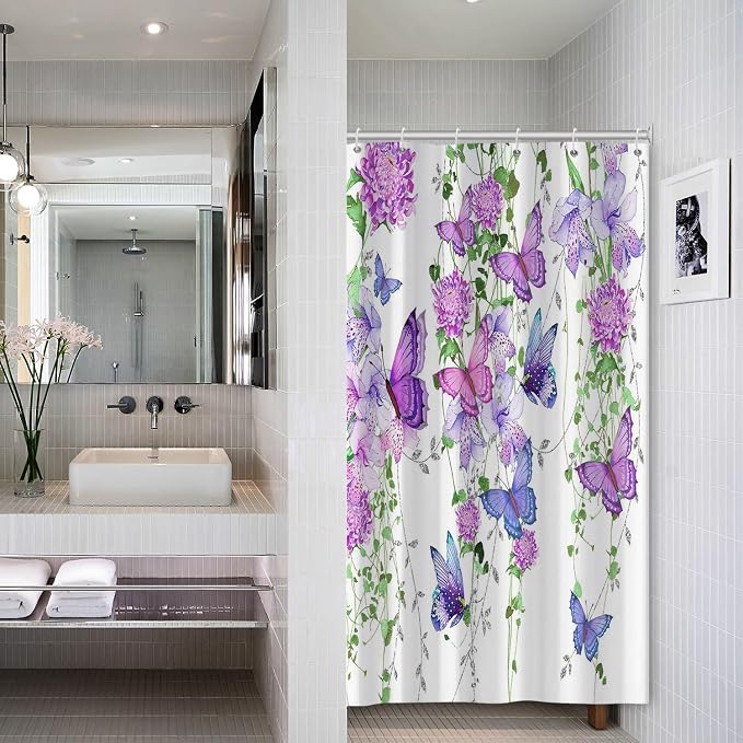 Violet Butterfly Floral Shower Curtain Spring Lavender Shower Curtain Lilac Pink Floral Bathroom Decor Waterproof Polyester Fabric with 6 Hooks,36x72 Inches