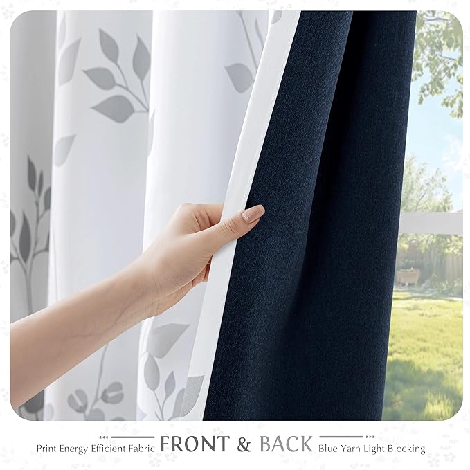 Beauoop Floral 100% Blackout Curtains 96 Inches Long 2 Panels for Bedroom Living Room Grey White Flower Patterned Room Darkening Thermal Insulated Soundproof Grommet Window Treatments Drapes, 52X96