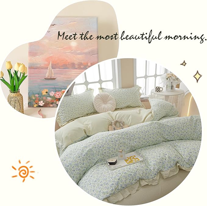 Ruffle Duvet Cover Queen Garden Style Lace Duvet Cover Soft Cotton Vintage Floral Blue Flower Bedding Set Romantic Ruffle Comforter Cover Princess Lace Bedding Botanical Comforter Cover Queen Size