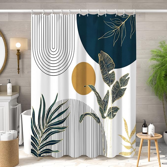 Mid Century Boho Shower Curtain, Abstract Modern Sun Minimalist Aesthetic Shower Curtain, Bohemian Geometric Arch Curve Leaves Neutral Art Fabric Bathroom Curtains Blue 48x72 inch