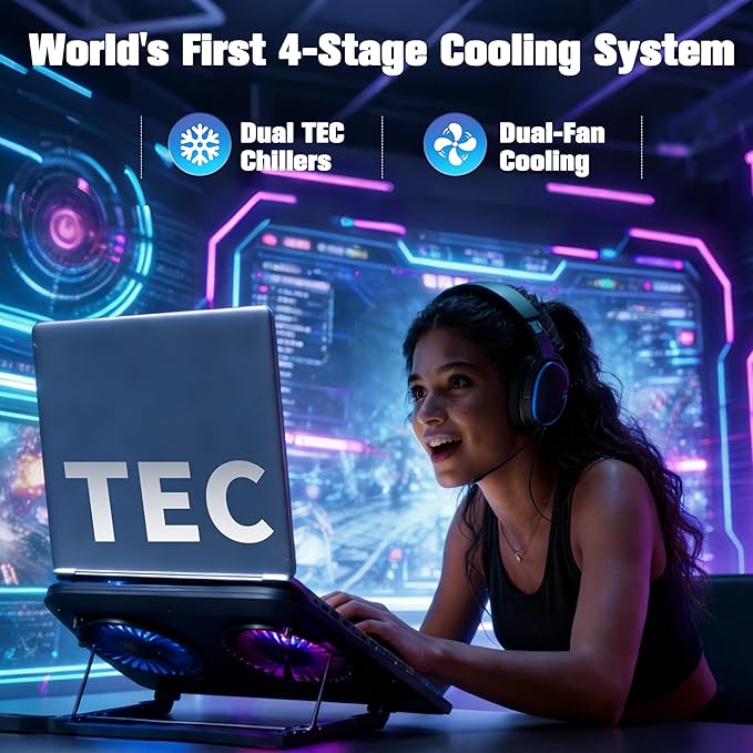 PZT Dual-Core TEC Laptop Cooling Pad with Dual Stepless-Quiet Fans, 5-Height Adjustable Laptop Cooling Stand, 10-Level RGB for 13-17 Inch Laptops, Includes 15W Charger, Smoky Black